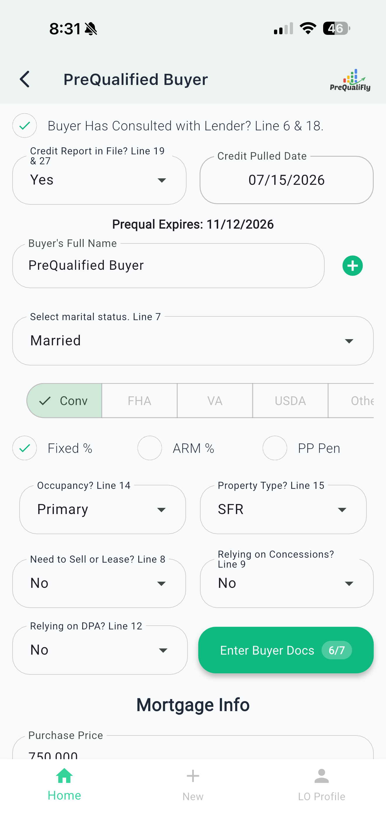 Prequalification form on PreQualiFly